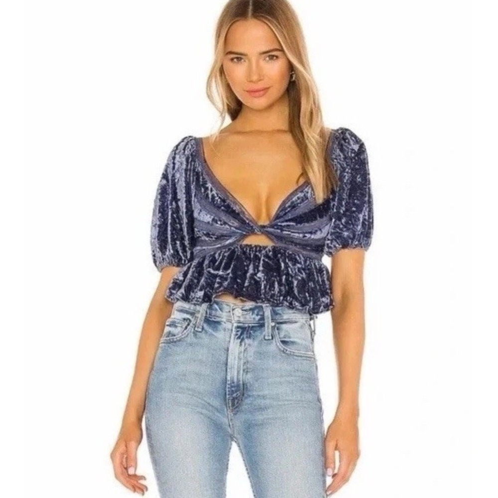 Free People Blue‎ Velvet Puff Sleeve Peplum Crop Top S Boho Romantic